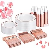 WELLIFE 300 PCS Rose Gold Dinnerware Set for 50 Guests, Valentine's Day Plate, 50 Dinner & Salad Plates,Cups, Forks Knives Spoons for Wedding Reception and Mothers Day Plates