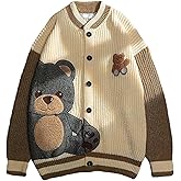 ebossy Womens Cute Bear Embroidery Knit Cardigans Casual Loose Button Down Drape Long Sleeve Varsity Sweater Jacket