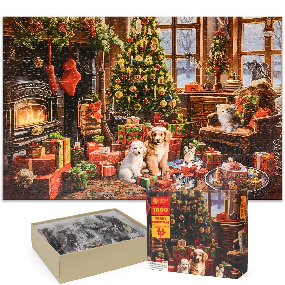 Christmas Jigsaw with 1:1 Reference Poster, 27.5 x 19.7 inches, Holiday Puzzles for Adults Family Activity - 1000 Pieces Puzzles, Educational Games Gift for Elders Children Family, Friends (Fireplace)