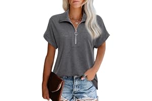 Vivilli Women's Short Sleeve Tops and Blouses Zipper Collar V Neck Business Casual Tops Loose Fit Tunic Shirt Polo Shirts