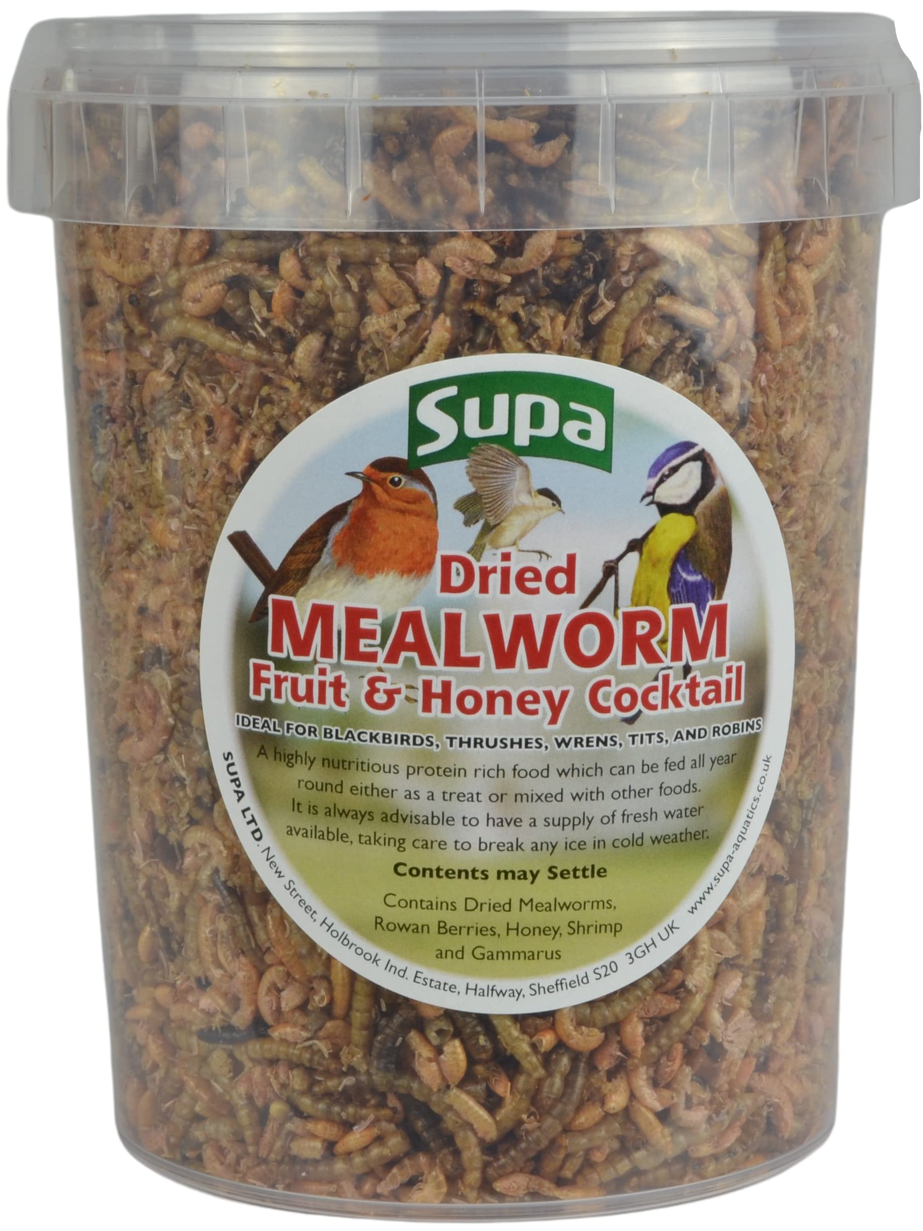 Supa Wild Bird Food Dried Mealworm Fruit and Honey Cocktail, 1 Litre Bucket | 100% Natural Treat For Wild Birds.