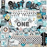 Mpanwen Fast One Birthday Decorations for Boys, 143Pcs Race Car Racing 1st Party Decor Supplies for Baby - Banner, Cake Toppers, Balloons, Tablecloth, Centerpieces, Crown, Poster, Boxes, Wall Signs