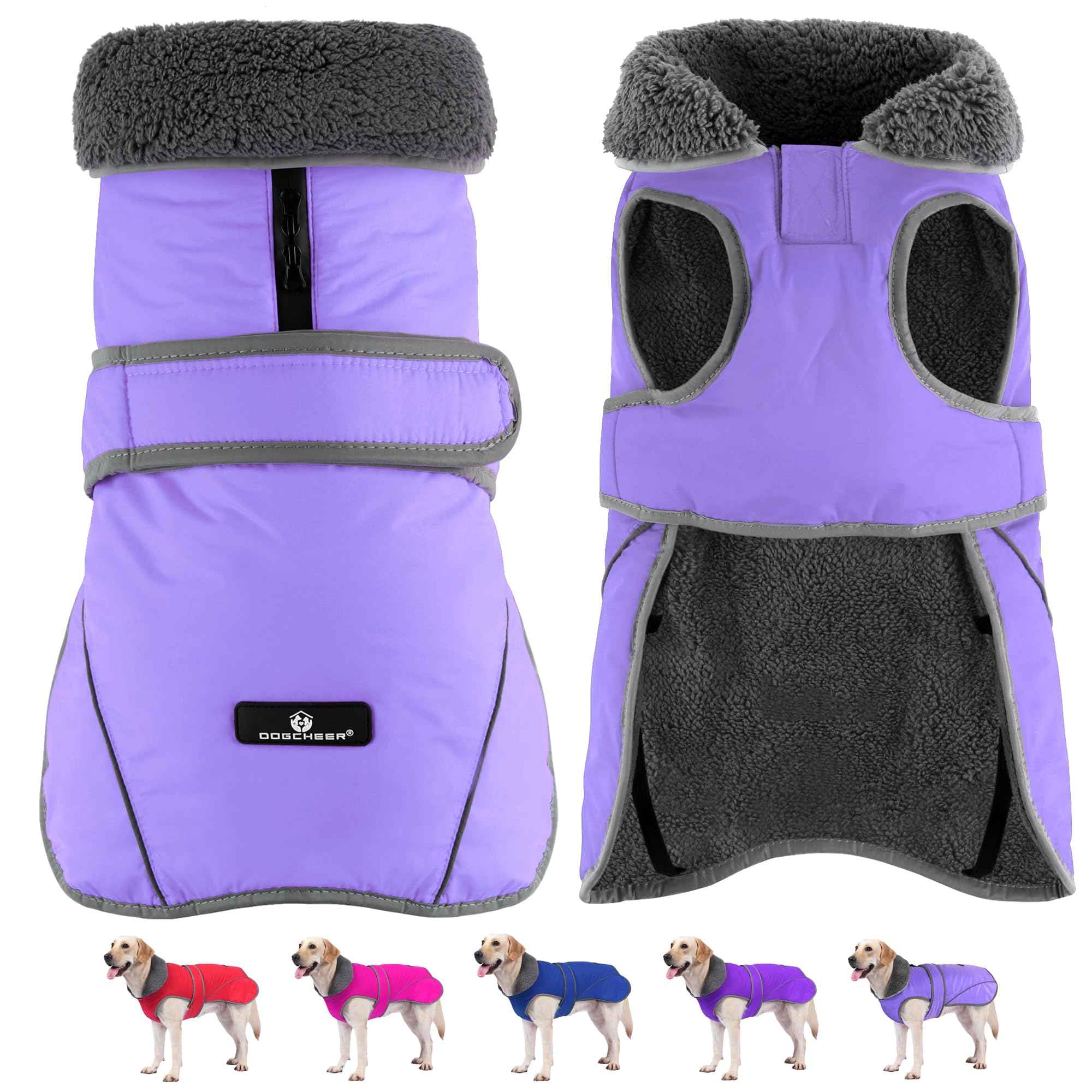 Dogcheer Dog Coat, Waterproof Dog Jacket Reflective Pet Winter Coat with Adjustable Hook & Loop, Christmas Puppy Fleece Jacket Warm Turtleneck Snowsuit for Small Medium Large Dogs - Taro Purple, 3XL Image