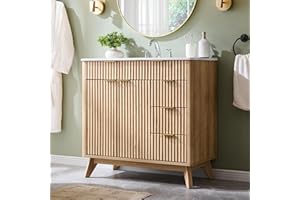 T4TREAM 36" Fluted Bathroom Vanity with Ceramic Sink Combo，Freestanding Modern Bathroom Storage Vanity Cabinet with 2 Soft Closing Doors & 3 Drawers，Wood Grain Texture，Metal Handle，Natural Oak