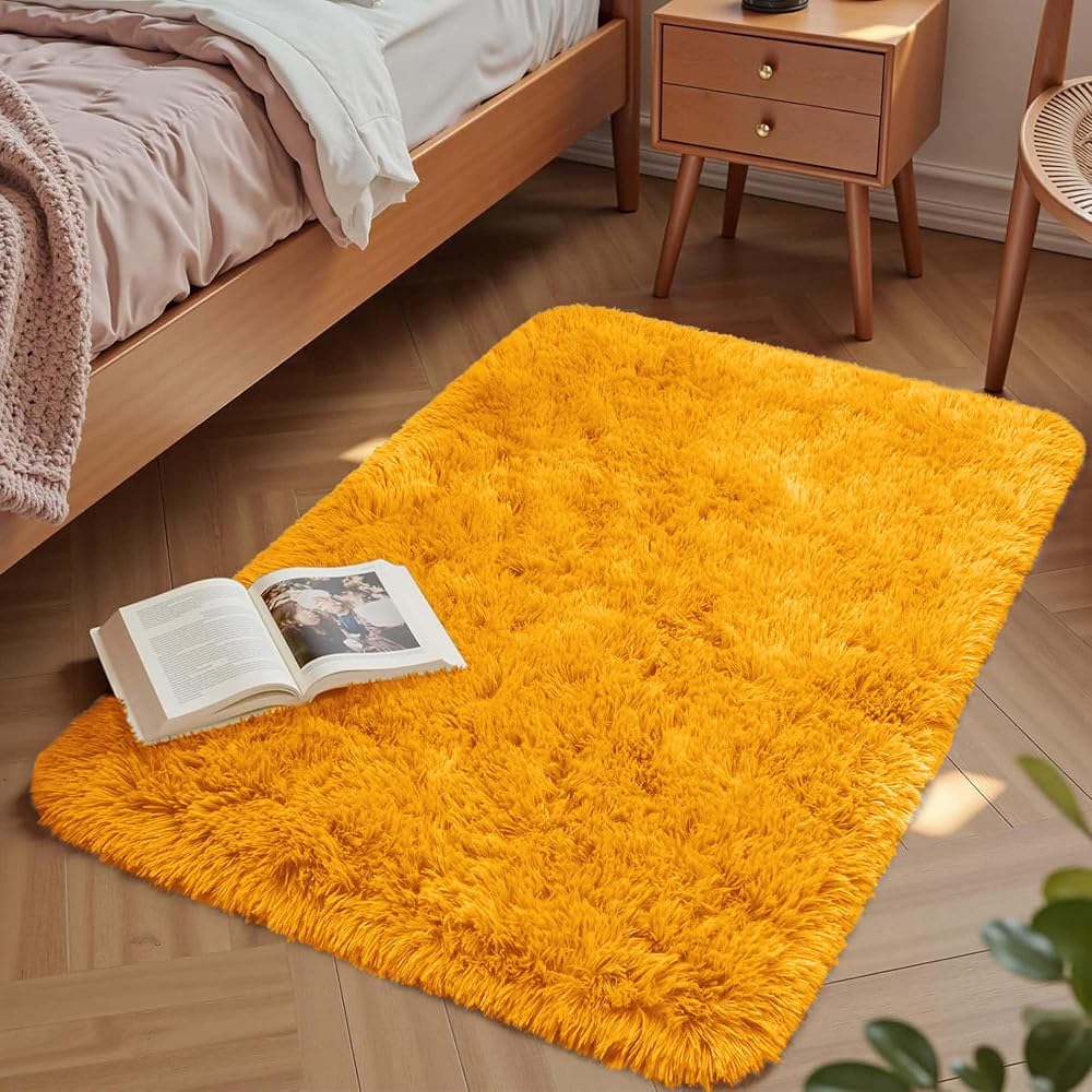 Aspire Homeware Ochre Fluffy Rug 50x80 cm Non Slip Anti-Shed Modern Shag