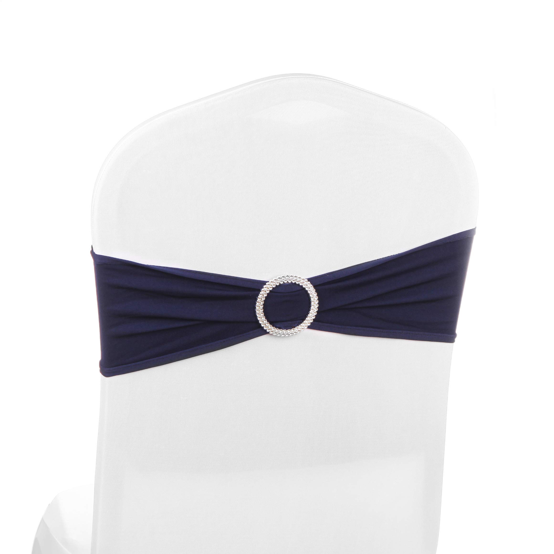 Elastic Stretch Spandex Chair Covers Sashes Bands With Buckle Bows For Wedding Home Party Suppliers Decorations (Navy, 50PCS)