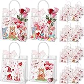 Henoyso 24 Pcs Valentines Clear Gift Bags Plastic Pink Candy Goodie Treat Bag Valentines Day Party PVC Totes with Handles Ribbon Galentines Day Party Favors, 7.8 x 7.8 x 3.1 Inches