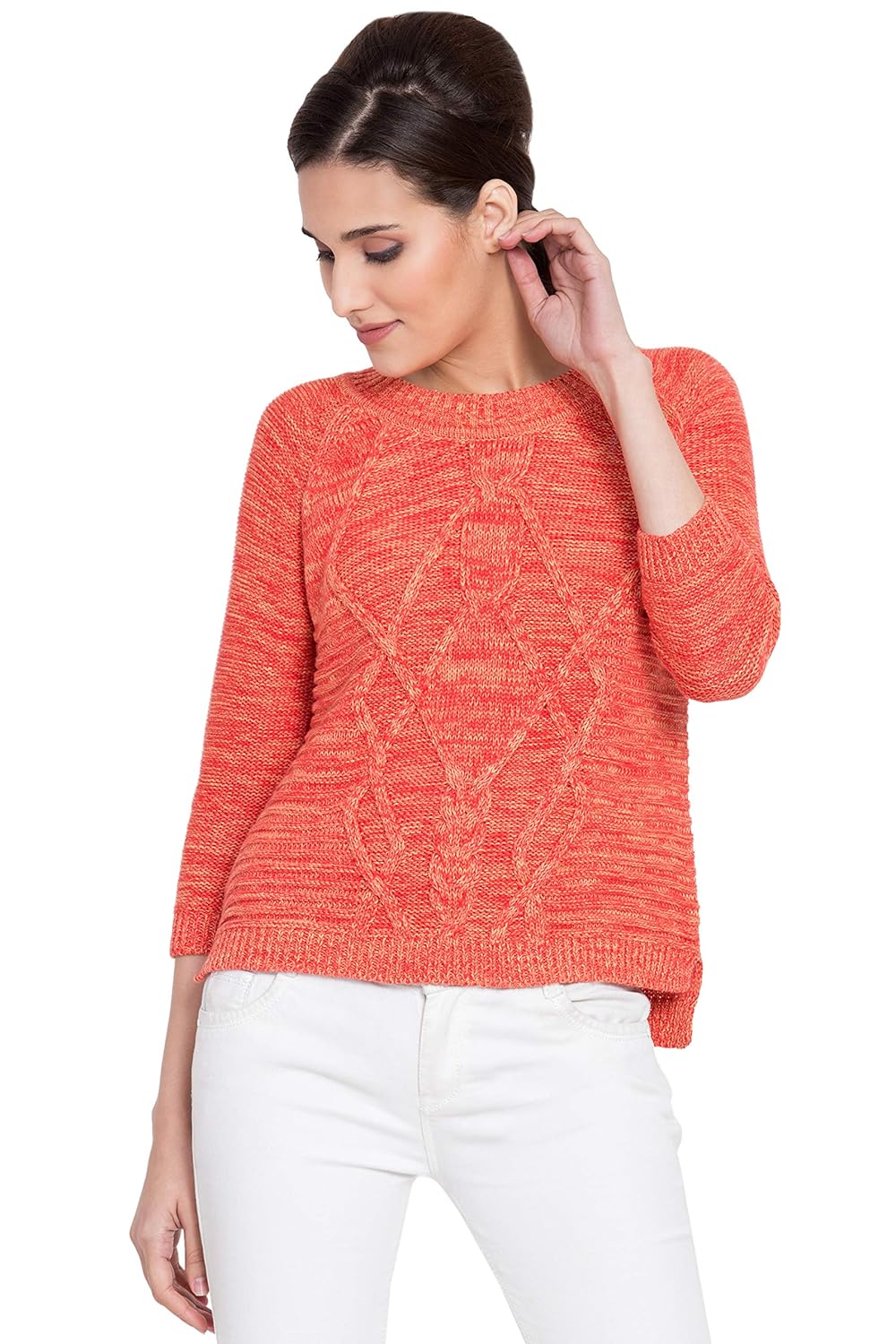 boxymoxy orange coral mix three-fourth sleeves cable sweater for girls & women