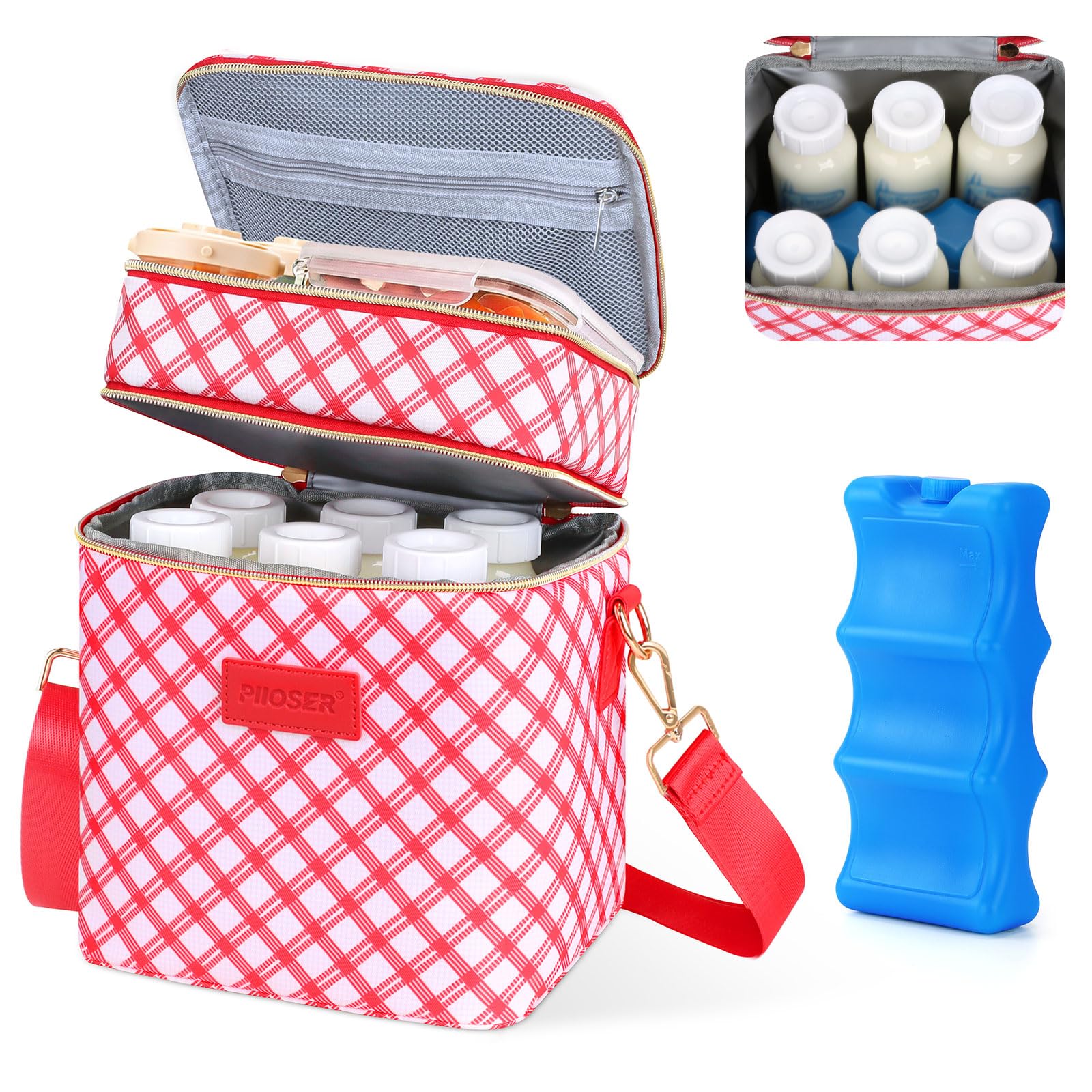 PIIOSER Breastmilk Cooler Bag with Ice Pack Fits 6 Baby Bottles Up to 9 Ounce, Insulated Baby Tote Travel Bags, Waterproof & Leakproof with Long Strap for Nursing &Working Mom, Red & White Striped Image