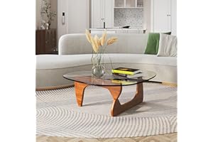 PRITIY Glass Coffee Table, Mid Century Modern Coffee Table Center Table for Living Room Oval Small Triangle Coffee Tables for Small Spaces Abstract Curved Coffee Table with Solid Wood Base