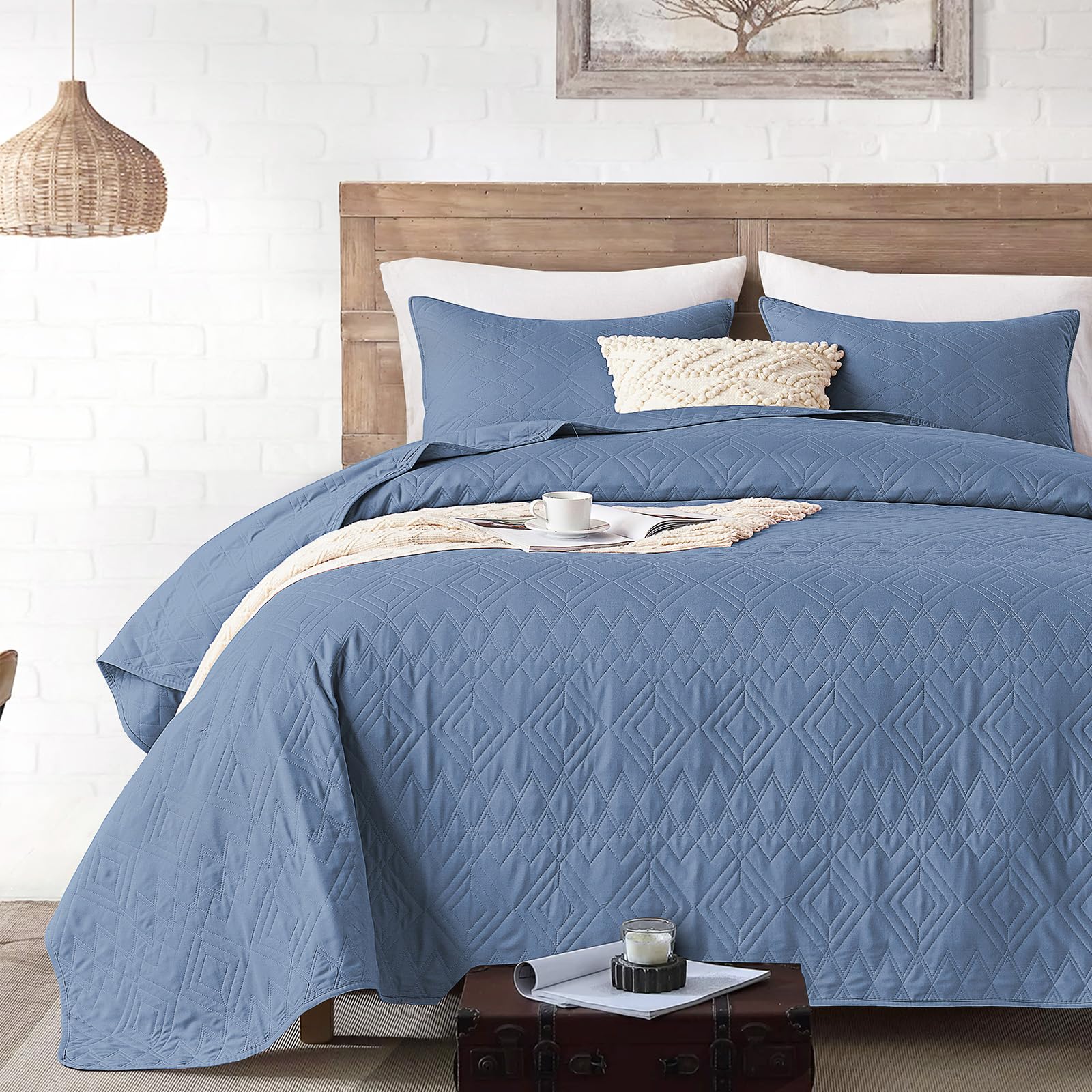 Davulos King Quilt Bedding Set,Bluish Grey Classic Geometric Diamond ...