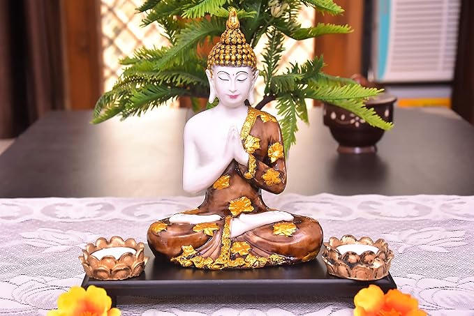 MARINER'S CREATION Polyresin Divine Meditating Buddha Idol (20X11X20 cm) with Wooden Tray for Home Decoration