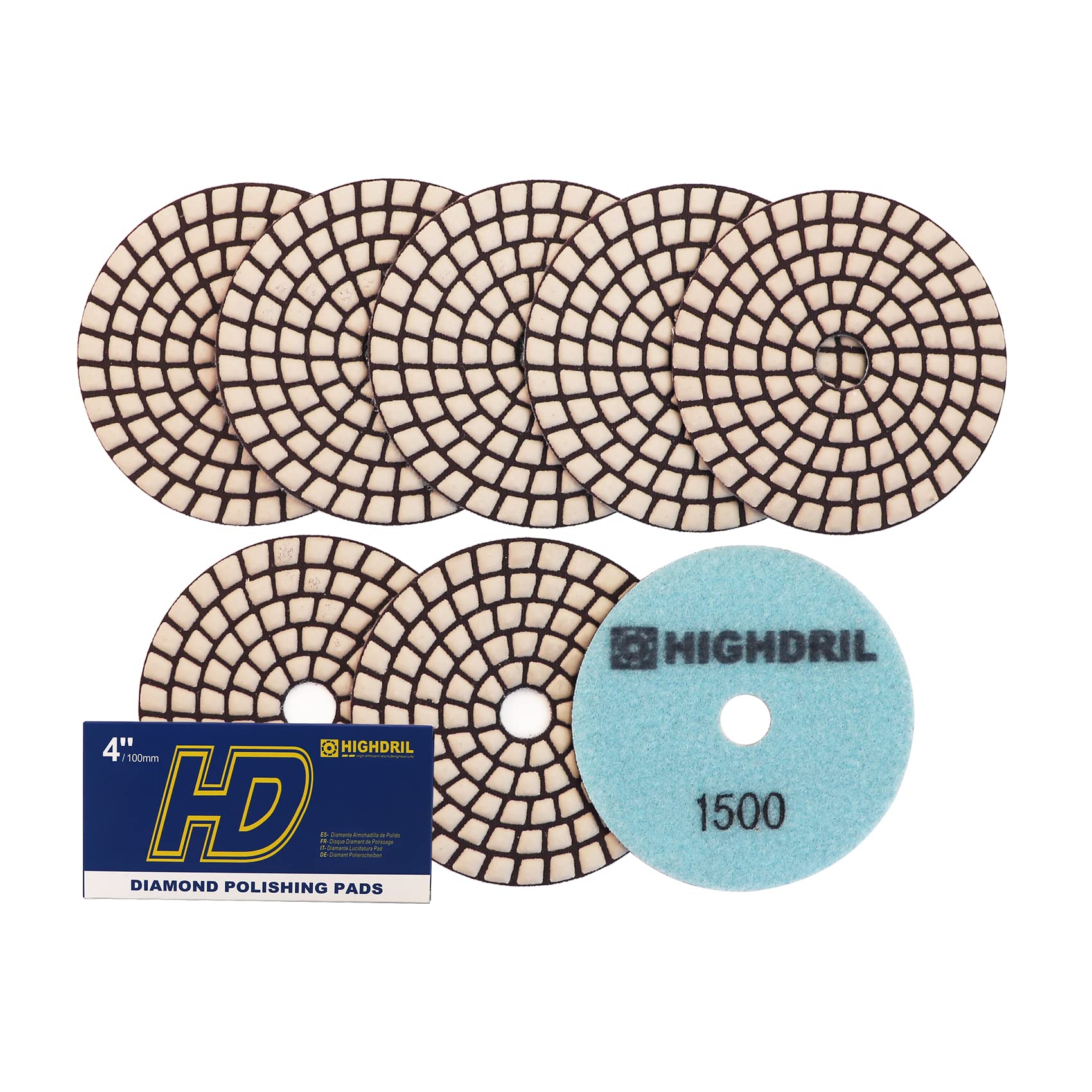HIGHDRIL Dry Diamond Polishing Pad - 8PCS #1500 Sanding Pads 100MM for Granite Stone Marble Floor Grinder Polish Pad Kit for Drill, Grinder, Polisher