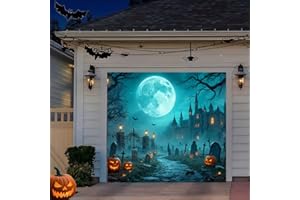 TTCHANG Halloween Garage Door Cover Banner, 8 x 7FT Large Hanging Backdrop Door Cover Horror Haunted Cemetery House Pumpkins Halloween Garage Wall Decorations