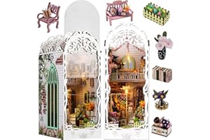 Vaki Vaki Book Nook Kit with Dust Cover & LED Light, Miniature House Kit for Birthday, 3D Wooden Bookends Puzzle, Bookshelf Decor for Adults, Teens, Beginners (Flower Room)