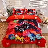 Aimuan Gaming Comforter Sets for Boys Kids Bedding Sets Video Games Console Action Buttons Novelty Colorful Game Gamepad Controller Modern Gamer Room Decor Home Quilt Set (Twin, Red)