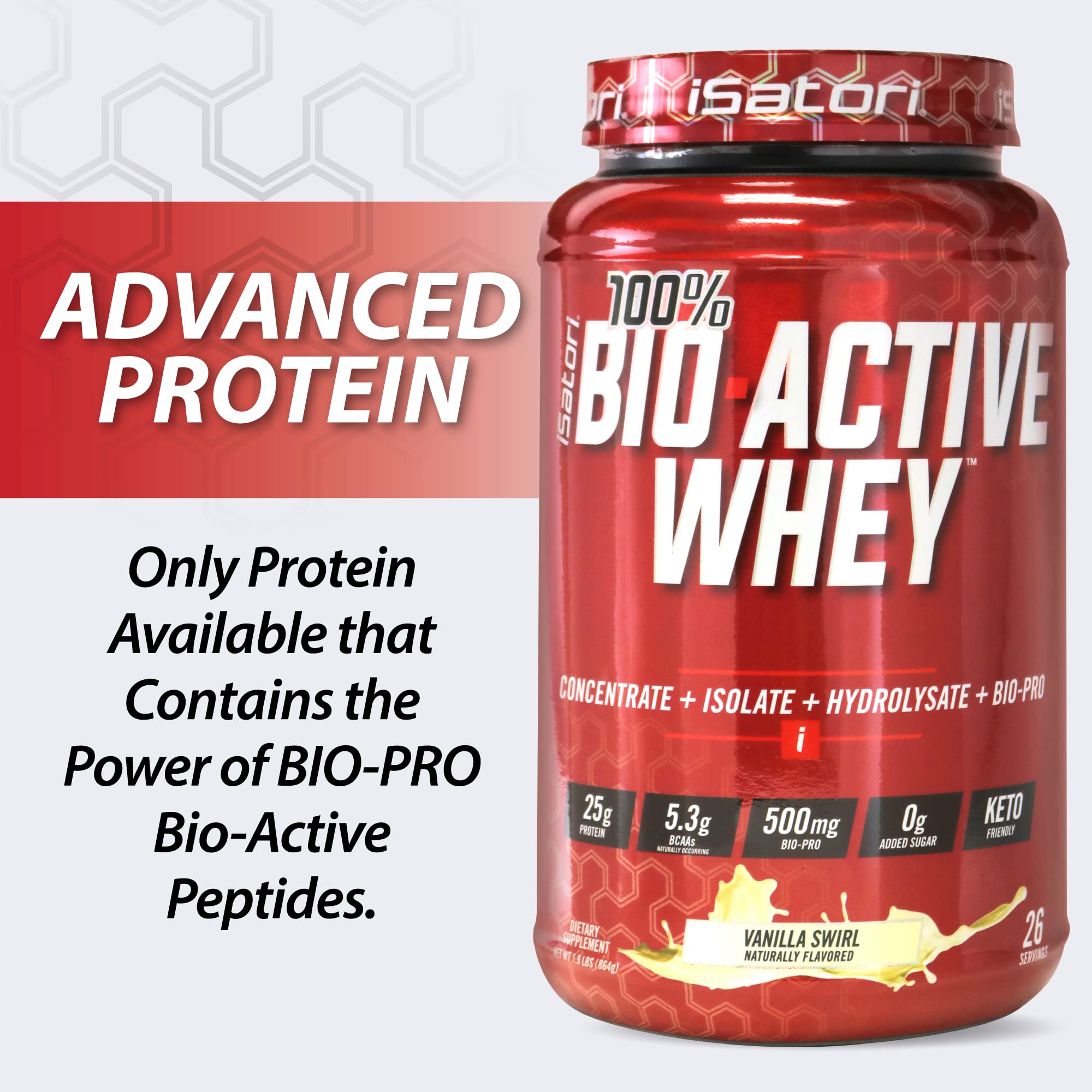 iSatori 100% Bio-Active Whey Protein Powder, Muscle Growth & Recovery with Whey Isolate, Hydrolysate, Concentrate, BCAAs & Colostrum Peptides, 25g of Protein Per Serving - Vanilla Swirl (26 Servings)