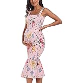 Summer Tank Maternity Dress Sleeveless Strappy Floral Midi Bodycon Square Neck Ruffle Mermaid Smocked Dress for Baby Shower