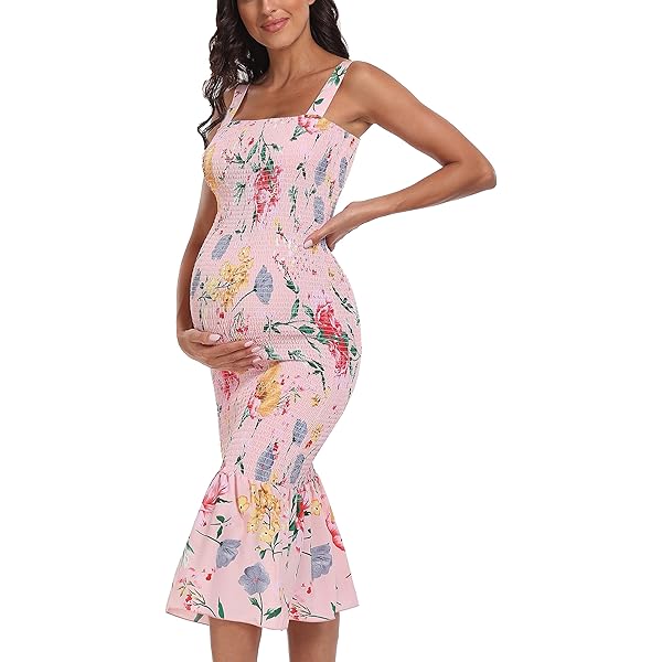 BerryGo Women's Elegant Smocked Ruffle Floral Print Bodycon Midi Dress Puff  Sleeve Maternity Beach Party Cocktail Pencil Dress for Wedding Guest Pink,  M at Amazon Women's Clothing store