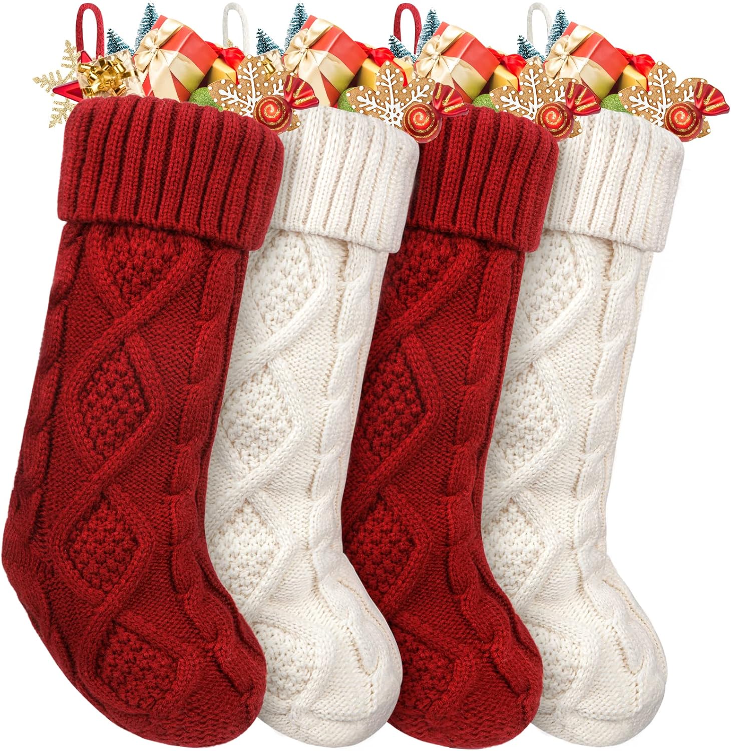 Stockings & Holders - HOMEBROS Christmas Stockings, 18 Inch Large Christmas Stockings Family Classic Cable Knit Christmas Stockings Burgundy and Ivory White for Christmas Holiday Decor - 4 Pack