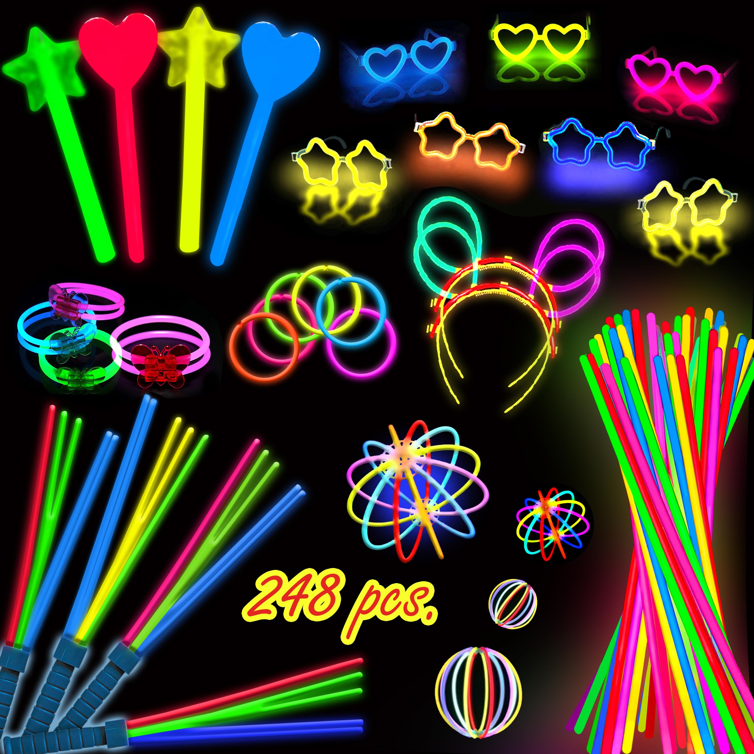 Photo 1 of 248 PCS Glow Sticks Party Pack - That Includes, 100 Pcs 8 Inch Glow sticks, 6 Pcs Glow Sticks Wands – Create Glow In The Dark Necklaces, Bracelets. Neon Light Sticks Decoration For Parties Favors Glow