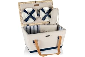 Picnic TIME Boardwalk Picnic Basket, Romantic Vintage English-Style Wooden Basket, Complete Deluxe Service for Four with Durable Canvas and Handwoven Lid