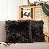 HYSEAS Set of 2 Decorative Faux Fur Throw Pillow Covers, Black Fluffy Soft Fuzzy Square Cushion Cover Pillow Case for Sofa, Couch, Chair, Bed, Cafe, 20 x 20 Inches