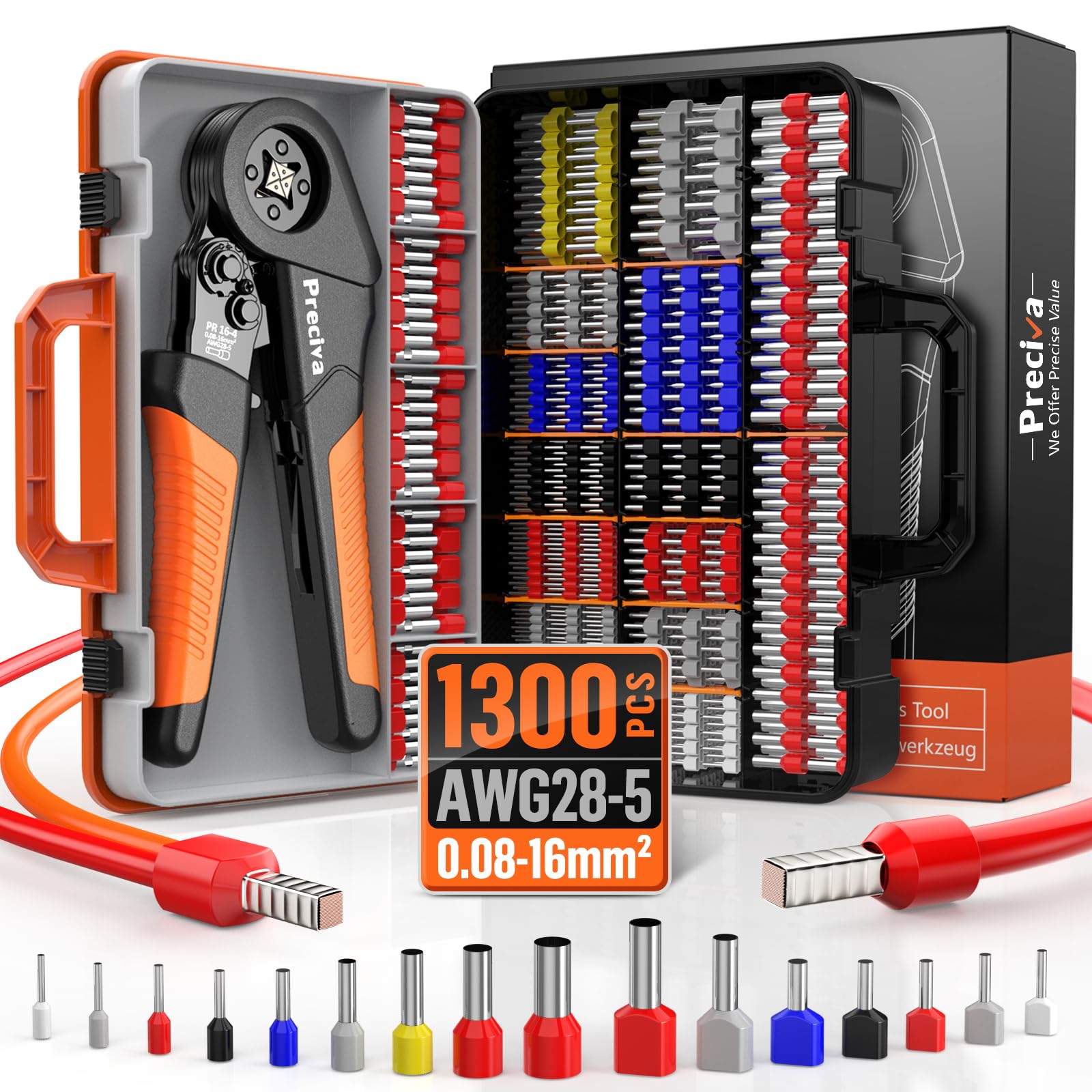 Crimpzangen Aderendhülsen Set, Preciva Crimpzange 0,08-16mm² Aderendhülsenzange mit 350 Twin und 950 Einzeilige Aderendhülsen Set für Heimwerker und industrieller Bedarf Presszange 16mm2
