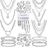 IXNEOP 46 Pieces Silver Jewelry Sets for Women Fashion Costume Jewelry Necklace Anklet Bracelet Earrings Set Suitable for Daily life Gatherings Party Festivals and Travel
