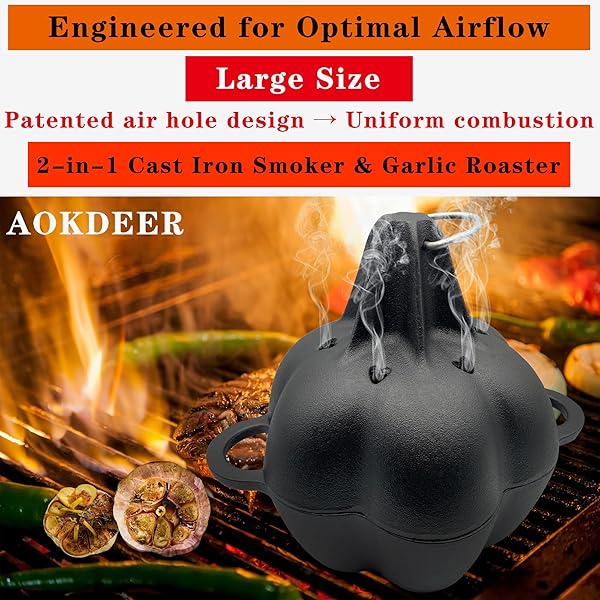 AOKDEER GARLIC ROASTER & SMOKER BOX FOR GRILL OVEN, ALL-SEASON CAST IRON STEAMER POT, PERFECT FOR OVEN AND BBQ, FOR SMOKY, FLAVORFUL VEGETABLES, MEATS OR WOOD CHIPS, GARLIC POTATO COOKER