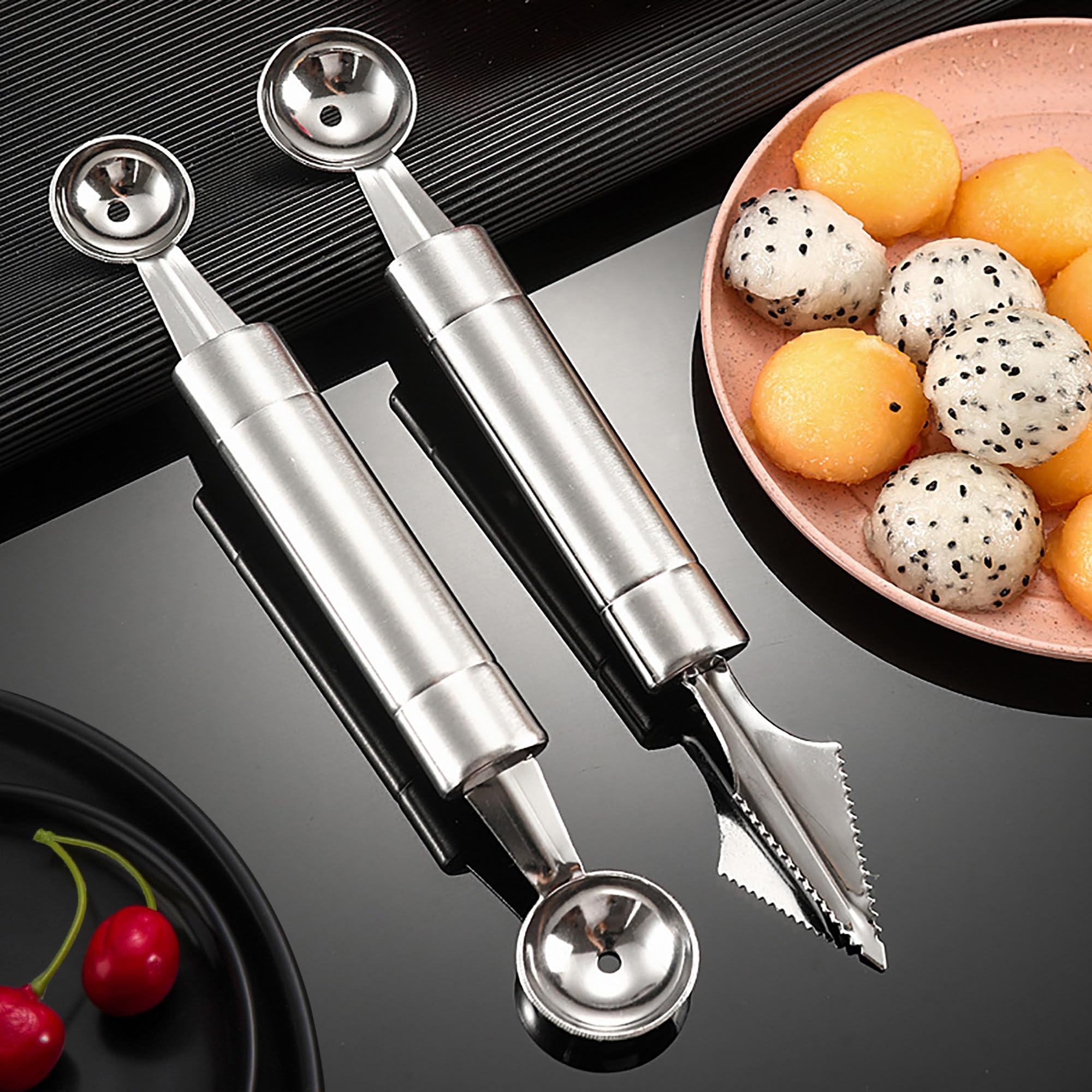 2 pcs Fruit Carving Tool Fruit Peeler Melon Scoop, Fruit Carving Knife, Fruit Peeler Seed Remover, Stainless Steel Multifunction Kitchen Tools for DIY Fruit Salads Vegetable Ice Cream, Cookie Dough