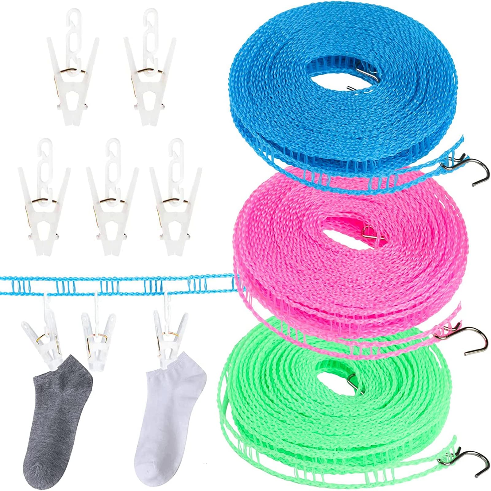 Jogoico Travel Clotheslines 3Pcs 8m Washing Line Portable Clothes Line with 5pcs Pegs Non Slip Windproof Clothes Rope Nylon Laundry Lines for Outdoor Indoor Home Travel Camping Drying Use