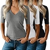 Ficerd 3 Pack Women's Half Sleeve V Neck T Shirts, Mid Elbow Length Sleeve Shirt Slim Fit Tunic Top Casual Summer Tee