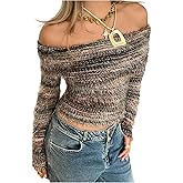 MakeMeChic Women's Off The Shoulder Striped Tee Shirt Fuzzy Long Sleeve Y2K Going Out Crop Tops