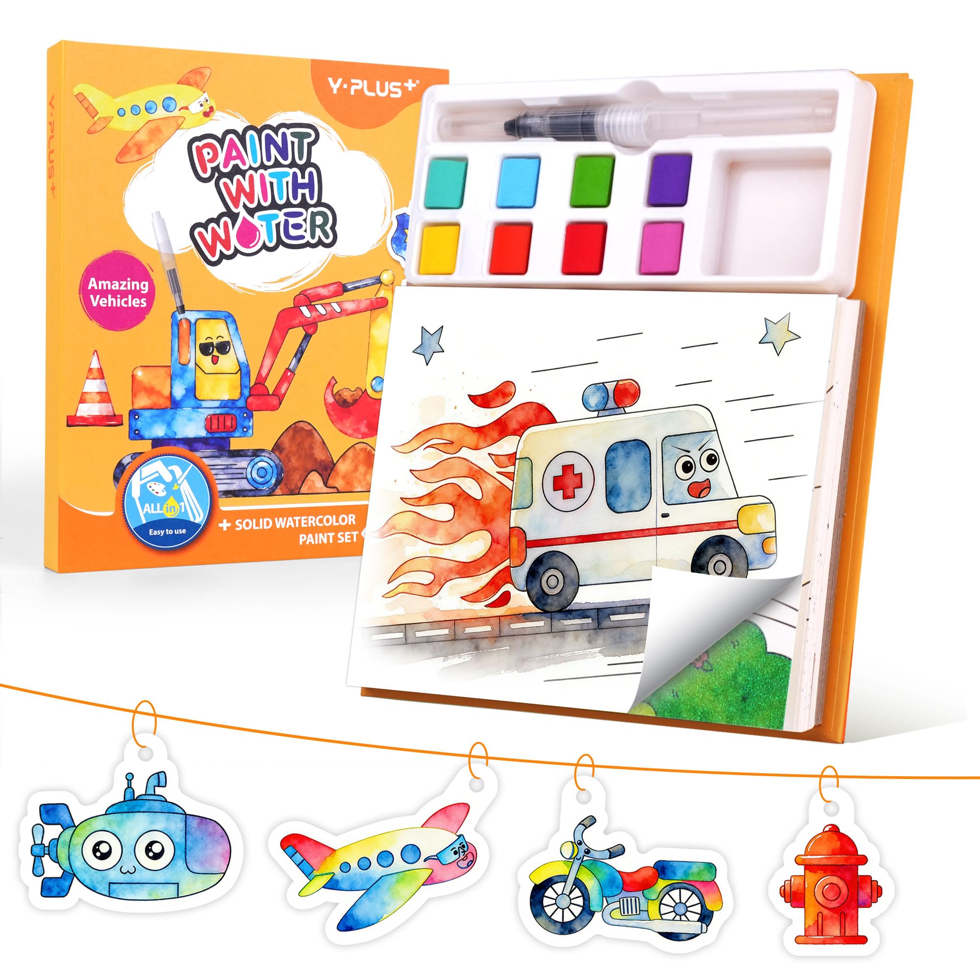 YPLUS Paint with Water Book for Kids Ages 3-6 - Water Colouring Books for Children with 8 Colours Solid Paint, Magic Painting Book & Water Pen - Toddler Painting Set - Traffic
