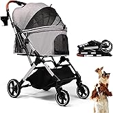 Bicystar Pet Stroller for Small Medium Dogs Cats Up to 45 lbs, Travel Lite Collapsible, All Terrain 4 Wheels for Jogging, Running, Grey