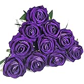 DECEED 10 PCS Artificial Roses with Long Stems Silk Flowers Realistic Foam Flowers Fake Roses for Valentine's Day Home Wedding Halloween Decor(Dark Purple)