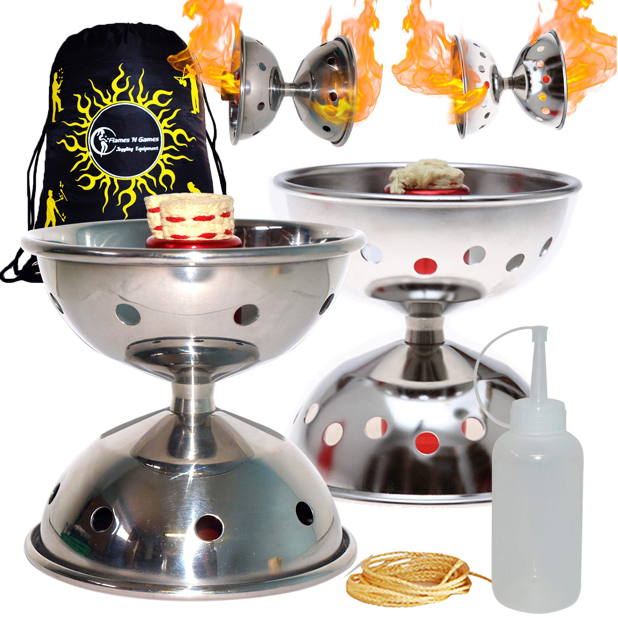 Fyrefli Pro Fire Diabolos - Comet & Meteor Fire Diabolo Sets incl. Kevlar Diabolo String + Flames N Games Bag (Fyrefli COMET Fire Diabolo Set + Flames N Games Travel Bag)