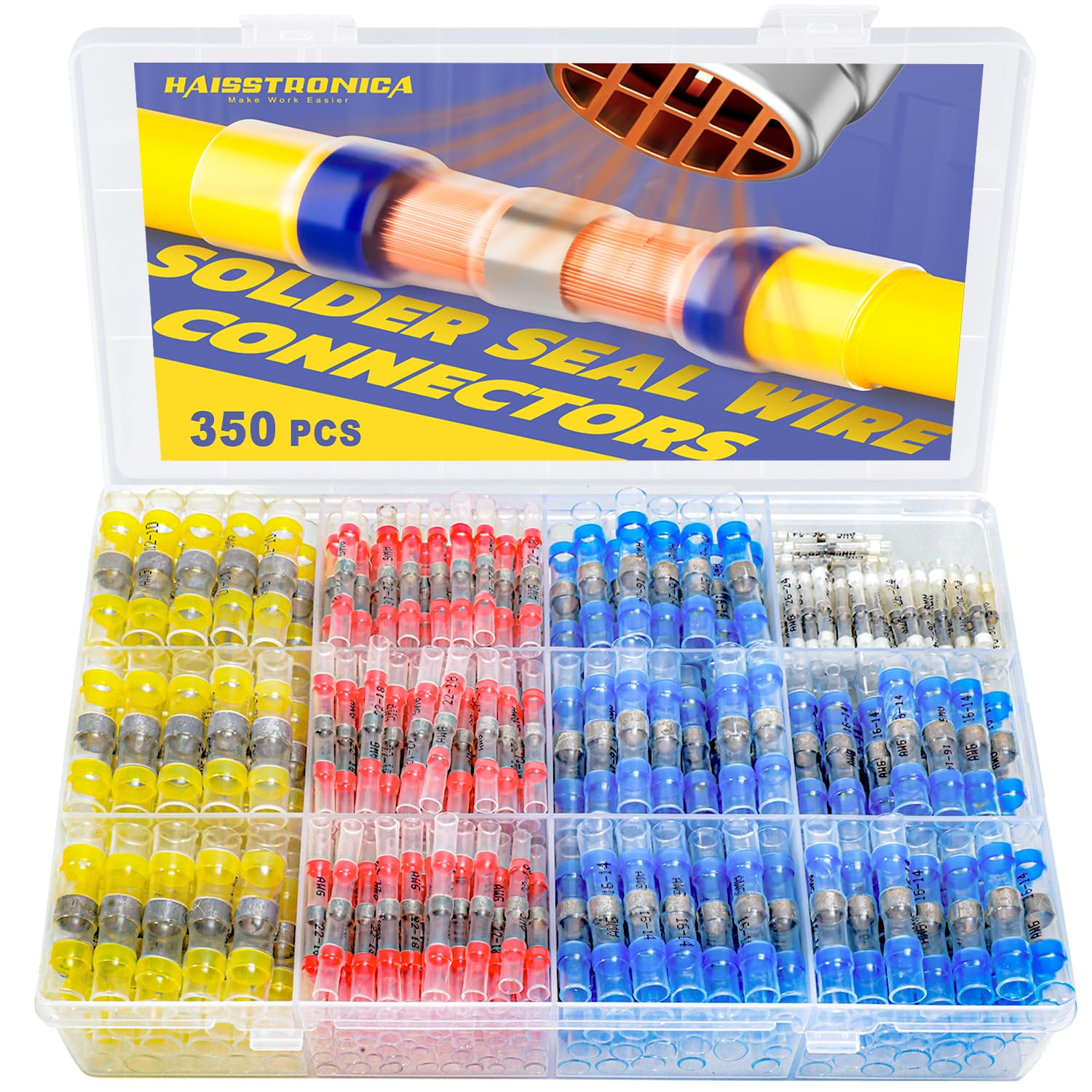 haisstronica 350PCS Solder Seal Wire Connectors Kit, 26-10 Gauge Marine Grade Heat Shrink Waterproof Butt Connectors for Electrical, Stereo, Corrosion and Weatherproof (4 Colors/4 Sizes) Image