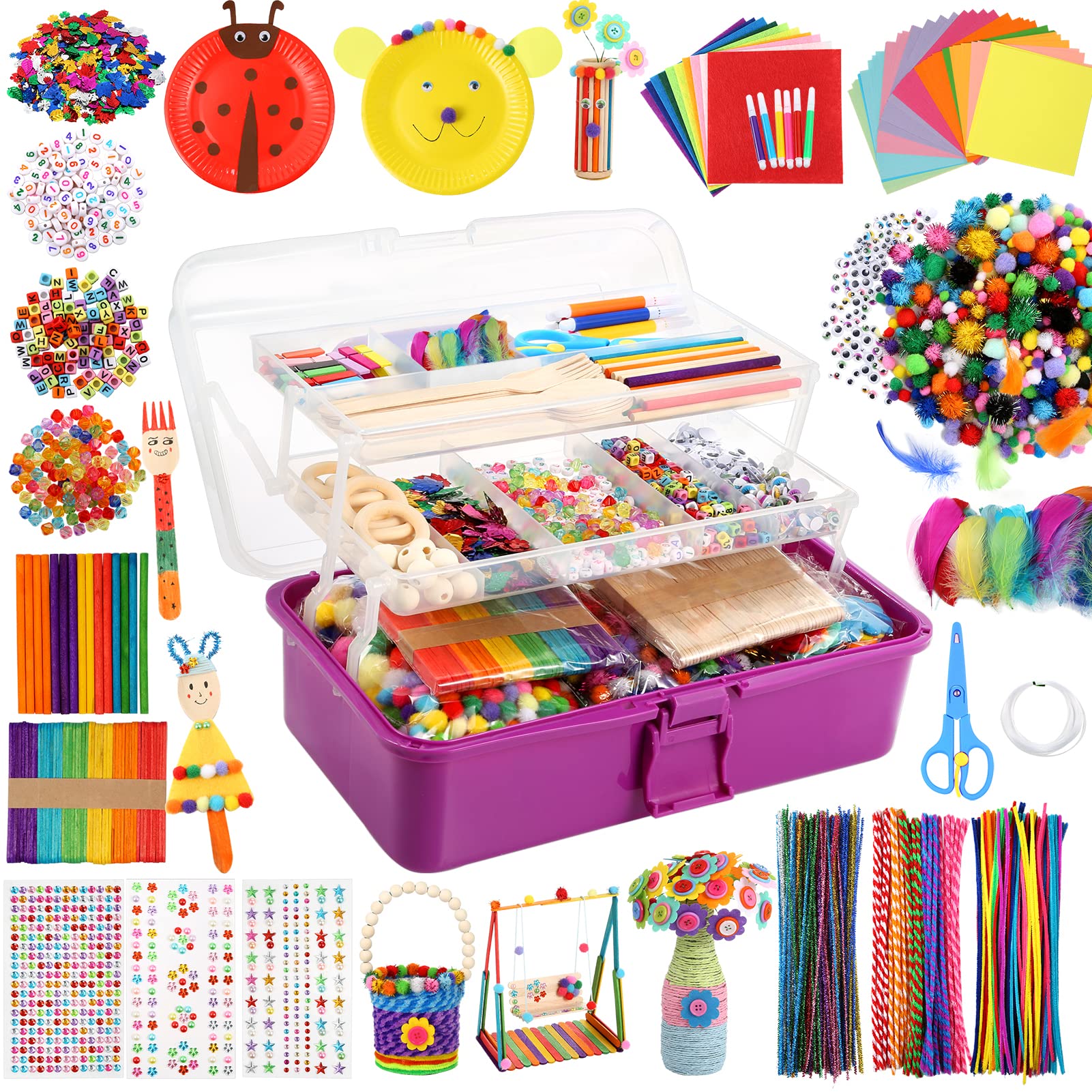 Caydo 3000 Pcs Kids Art and Crafts Supplies, Toddler DIY Craft Art Supplies Set Include Pipe Cleaners, Pom Poms, Portable 3 Layered Folding Storage Box Great Gift for Kids