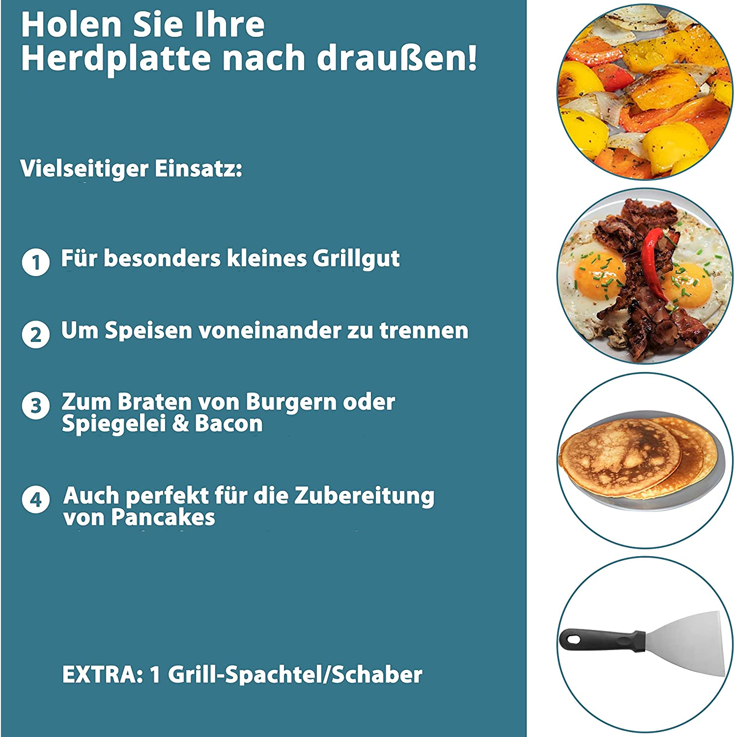 Smartpeas Edelstahl Grillplatte - 30x40 cm Universal Plancha für Kohle- und Gasgrills - Grillplatte für Gleichmäßige Hitzeverteilung - Grillschale für Burger, Spiegelei mit Inbegriffen Grillspachtel 4