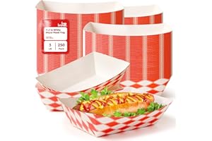 Fit Meal Prep 250 Pack 3 lb Paper Food Trays Heavy Duty Disposable Hot Dog Trays, Paper Food Boat Red Check Nacho Tray for Parties, Fairs, Picnics, Carnivals – Holds Tacos, Fries, Grease Resistant