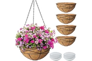 Karlliu 4 Pack 14 Inch Hanging Flower Baskets for Outdoor Plants Large Metal Wire Planters with Coco Liner Pot for Home Planting Black Watering Plant Holders for Outside Garden