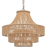 ELYCCUPA Wood Beaded Rattan Chandelier Boho Hand Woven Pendant Light 6-Lights Adjustable Coastal Pendant Lighting Fixtures fo