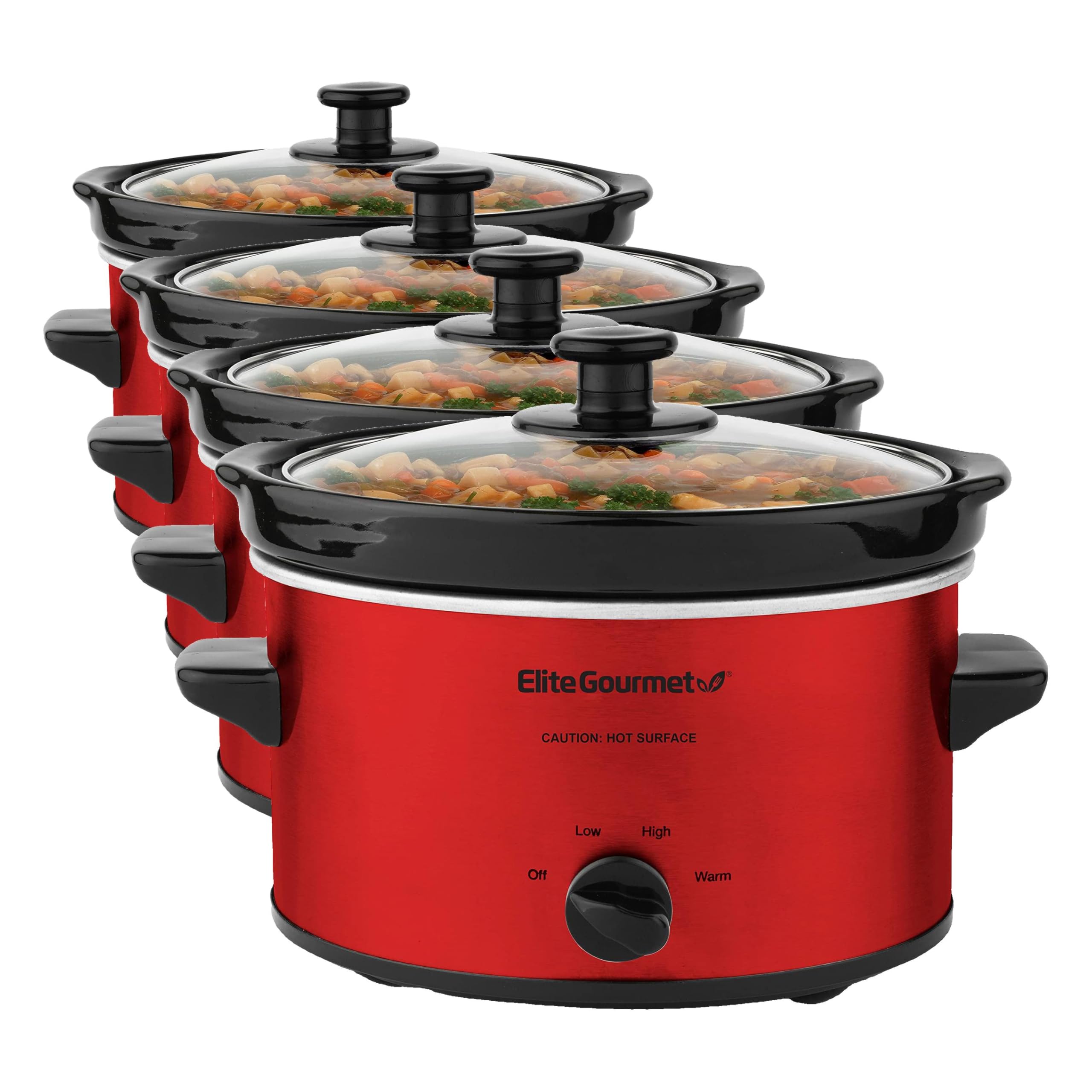 Elite Gourmet MST-275XR# Electric Oval Slow Cooker, Adjustable Temp, Entrees, Sauces, Stews & Dips, Dishwasher Safe Glass Lid & Crock (2 Quart, Metallic Red) (Pack of 4) Image
