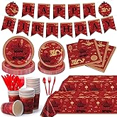 Gandeer 171 Pieces Hibachi Birthday Party Decorations Set for 24, Include Paper Plates Napkins Cups Banner Plastic Knives Forks Spoons Tablecloths for Chinese Japanese Hibachi Theme Party Supplies