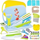 FCSONU 24 Pcs Montessori Kitchen Toys for Toddlers, Kids Kitchen Knife Set with Holder, Kids Cooking Sets Real with Knife Blo