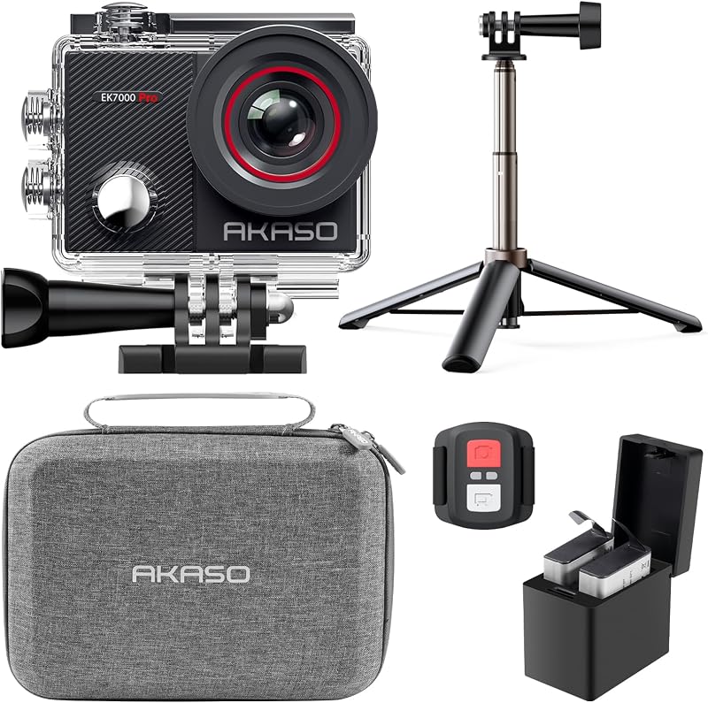 AKASO EK7000 Pro Action Camera 4K 30FPS Selfie Stick Bundle 2 Batteries