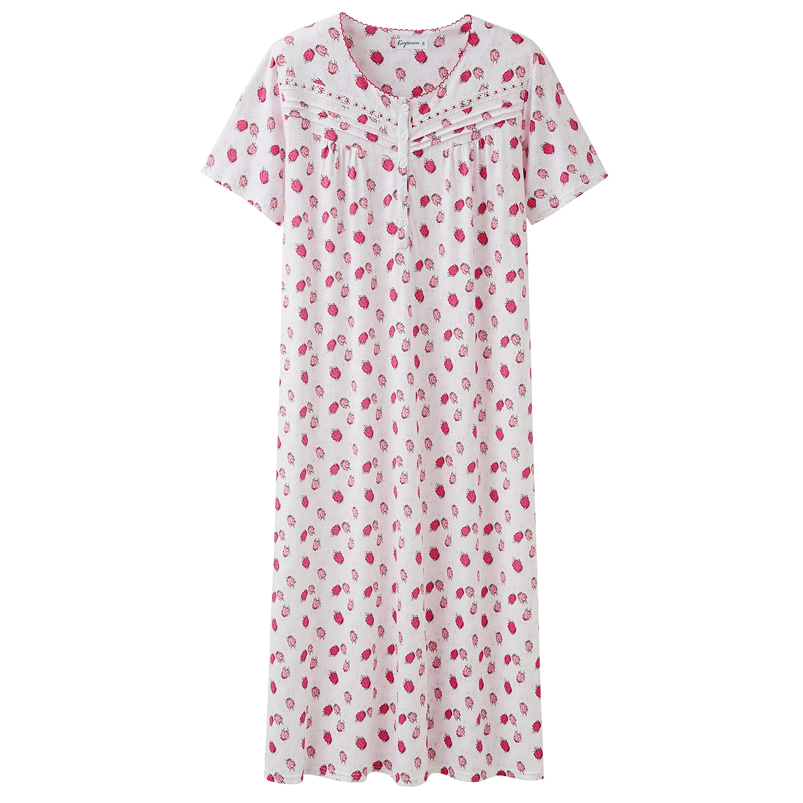 Keyocean Cotton Women Nightgown, Soft Comfy Lightweight Short Sleeves Ladies Nightdress, Pink Rose, Medium (M) Image