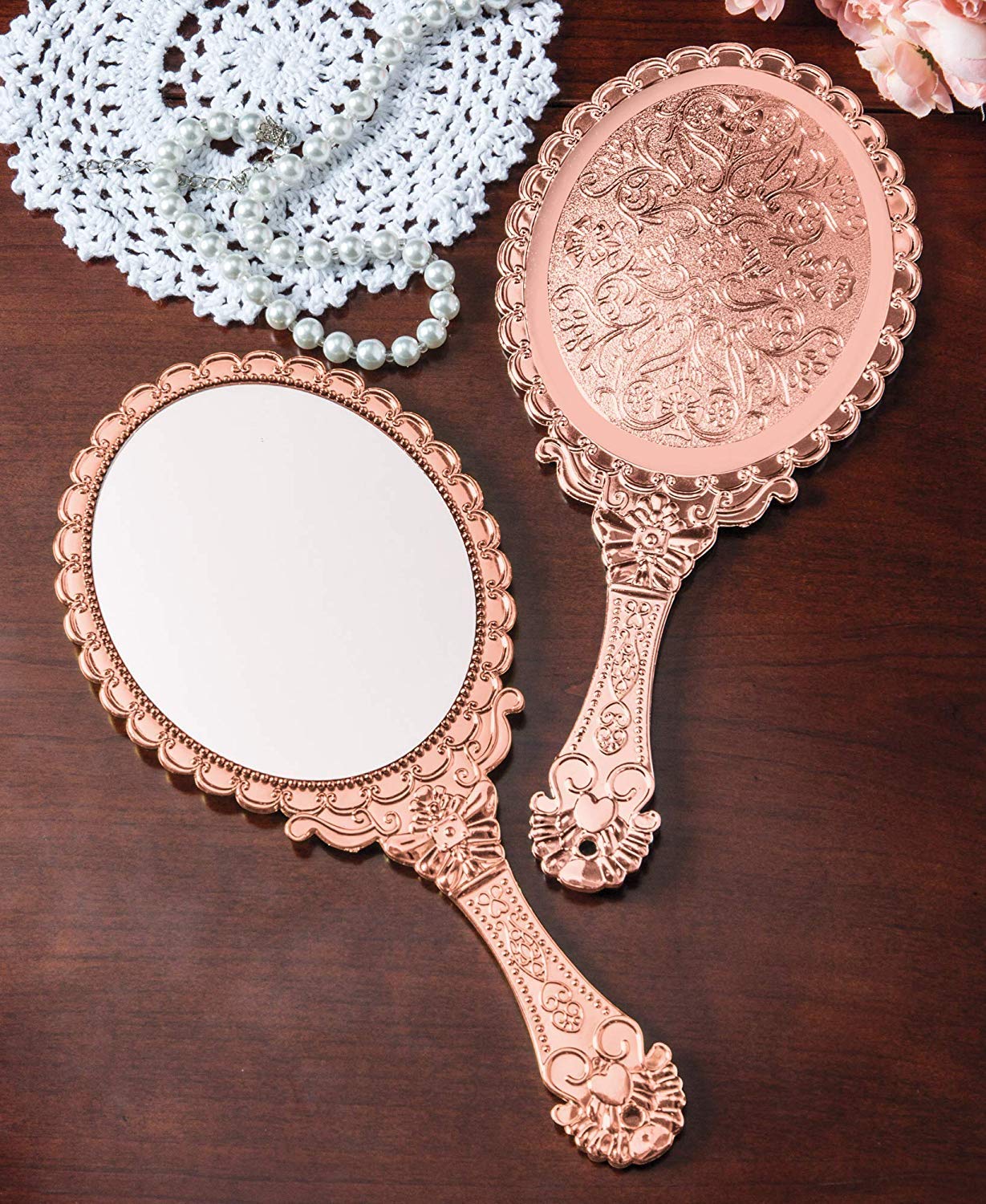 XPXKJ Hand Mirror Vintage Handheld Mirror with Handle Vanity Makeup Mirror Travel Mirrors (Oval, Rose Gold): Beauty